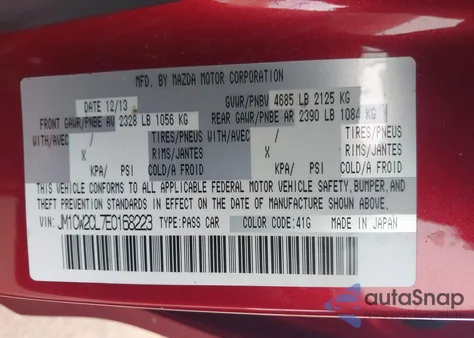 2014 Mazda Mazda5 Touring z USA, uszkodzony, nr VIN JM1CW2CL7E0168223